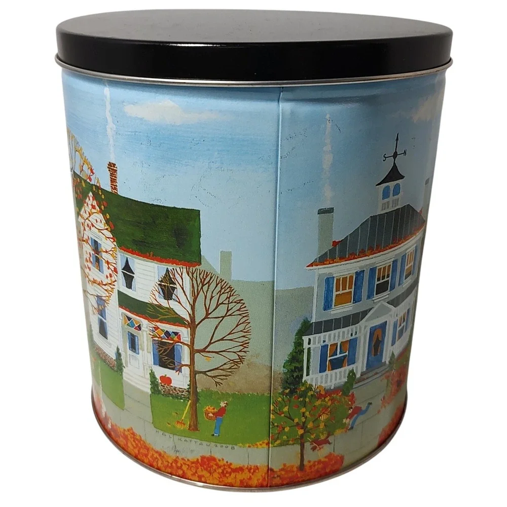 Vintage Trails End Autumn Tin Canister Fall Leaves and Houses Neighborhood Round